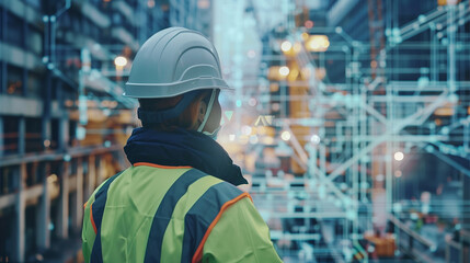 Engineer in hard hat and reflective jacket with urban digital blueprints at construction site