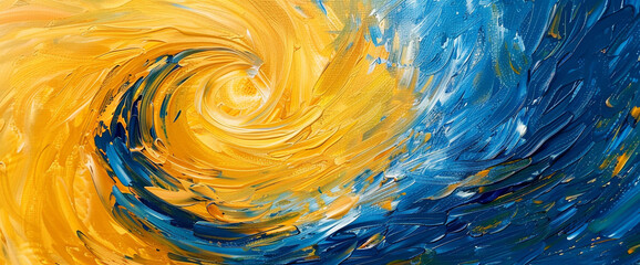 Whirls of sunflower yellow and electric blue merging and converging on a blank surface, creating an abstract landscape filled with vibrant energy and dynamic movement. - Powered by Adobe