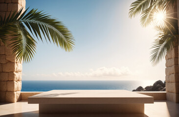 beautiful view with palm trees and sea, light stone podium, design for product advertising, travel agency, vacation