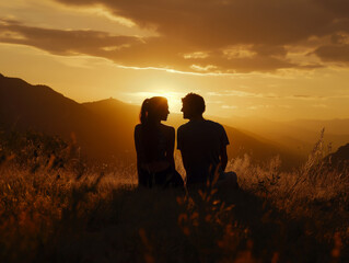 AI generated image of man and woman in love enjoying freedom and looking at mountain sunset. Affectionate couple: Silhouetted against mountain backdrop, enjoying love at sunset