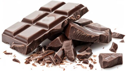Assorted Dark Chocolate Pieces Close-Up isolated in white background