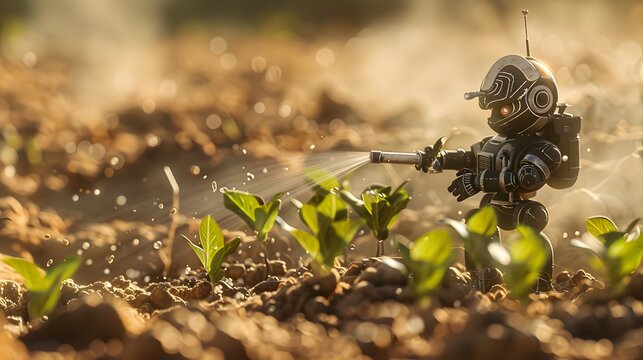 A miniature robot is hosing down seedlings on a desert planet