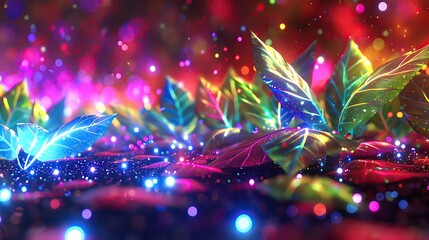 Photon forest with laser leaves and spectrum light, illustrating a vibrant and colorful biome of light based life forms