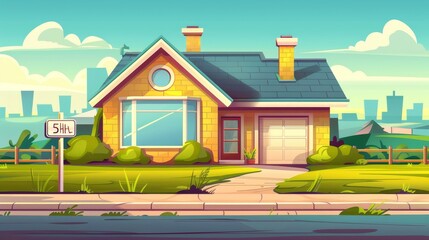 House for sale in suburb. Yellow brick house with garage. Modern cartoon landscape with suburban mansion. Concept of purchasing real estate.