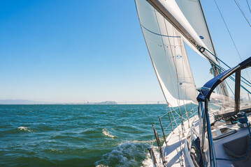 Sailboat sailing on serene waters near San Francisco, white sails billowing under a clear blue sky....