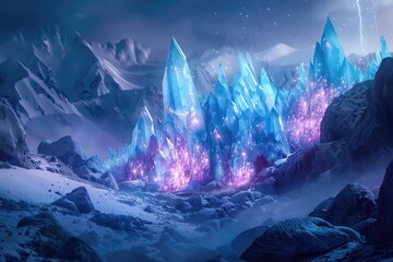 Cyber glacier with data crystals and neon frost, visualizing a frozen landscape where technology meets nature