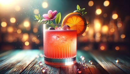 Refreshing cocktail with ice, orange and flowers on wooden bar table, against blurred background.