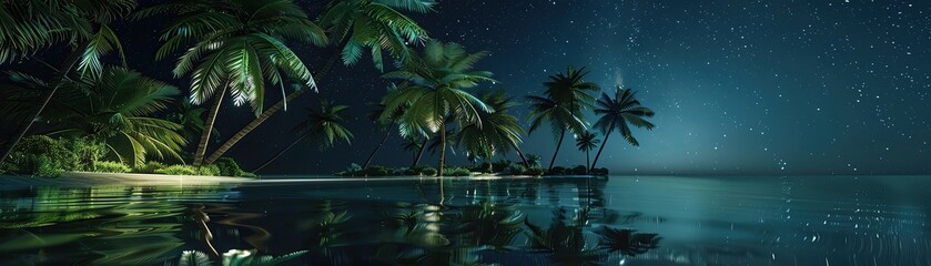 Night oasis with starlit palms reflecting on serene waters, showcasing a tranquil and exotic landscape