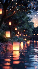 Floating lanterns illuminating a gentle river, surrounded by stars in a peaceful night setting