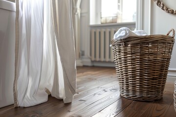 Wicker laundry basket with white towels