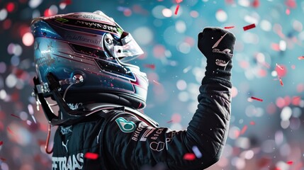 Naklejka premium Close up of professional racing driver celebrate winning while putting in the air. Racing driver congratulate his success while standing at car competition surrounded with confetti falling. AIG42.