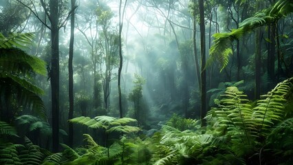 Tranquil forest with mist lush greenery layered canopy and soft daylight beauty . Concept Nature Photography, Forest Scenes, Lush Greenery, Serene Landscapes, Soft Light Effects