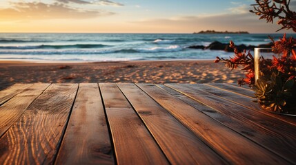 Empty wooden table on blurred background of sandy beach and blue ocean.