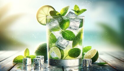 Mojito cocktail with lime, mint and ice cubes. Summer refreshing drink.