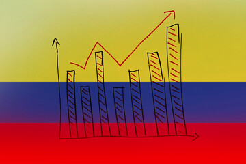 Colombia bar chart graph with ups and downs, Colombia country flag with bar graph, developing and
