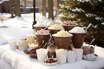 Outdoor hot chocolate station with toppings.