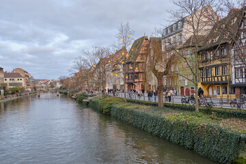 Fototapeta premium Alsace, December: view of Old city center of Strasbourg town with colorful houses.