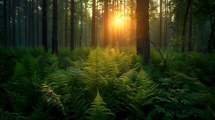 Forest Ferns Midsummer Night Scene - Green Foliage in Natural Setting