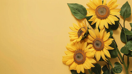 Beautiful sunflowers on beige background with space fo