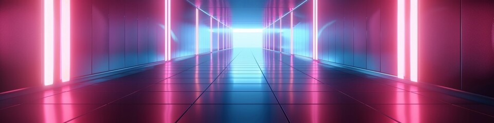 A long hallway filled with neon lights casting a futuristic glow on the walls and floor. Banner.