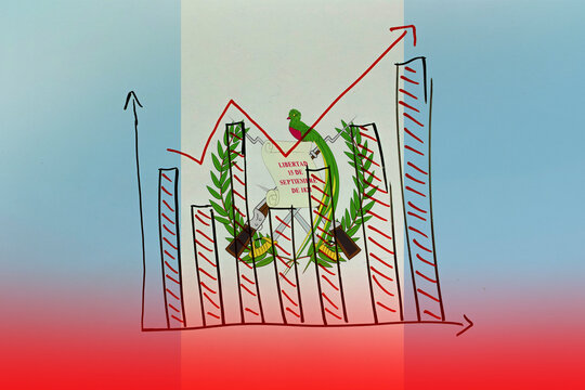 Guatemala bar chart graph with ups and downs, upward rising arrow on data, developing and improving 