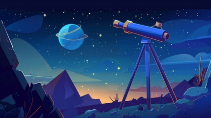 Observing stars and planets in the cosmos with a telescope, a tripod and a hill. Illustration of a night landscape with glass on tripod, cartoon modern illustration.