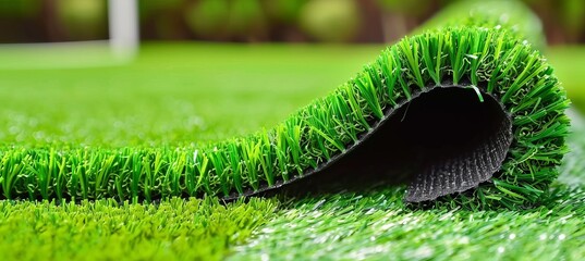 Artificial turf roll ideal as a backdrop for sports field or lawn, creating a realistic setting