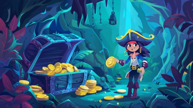 This cartoon illustration depicts a pirate girl dressed in a filibuster costume, holding golden coins and gems in an ancient fantasy magic tomb or mine filled with treasure.