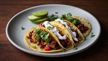 Mexican tacos with beef, avocado and corn on wooden table.