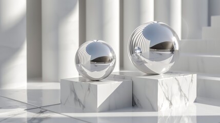 A pair of balls with mirror finish sitting on top of a marble block. Background. Wallpaper.