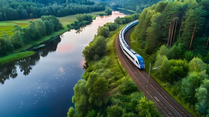 High-Speed Train in Beautiful Landscape River, Forest - Sustainable Transportation Scene