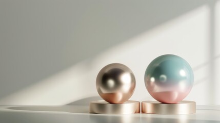 Three jewel-toned spheres rest on a minimalist table in a room. Background. Wallpaper. Copy space.
