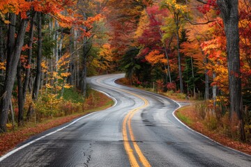Fototapeta premium Winding Road Through Vibrant Autumn Forest