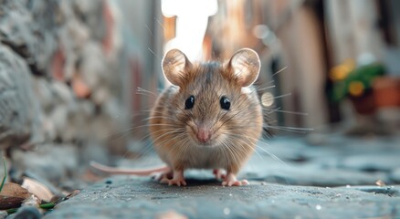 A small gray mouse on the city streets during the day. The problem of dirt and unsanitary conditions in the metropolis