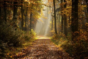 Fototapeta premium Sunlight Filtering Through Autumn Forest Path