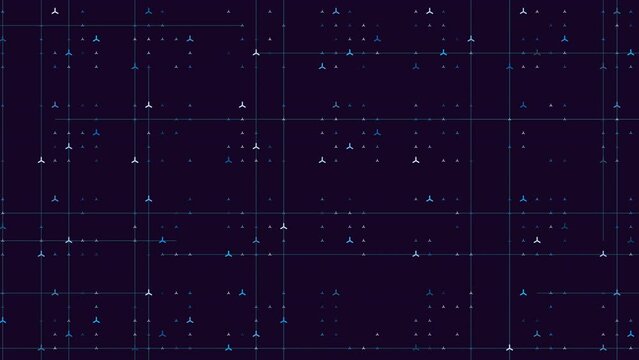 A grid map with orange squares representing airplanes scattered throughout in different positions. It shows the locations and possibly flight paths or destinations of the planes