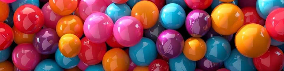 Variety of balloons in different colors with a squashed backdrop. Banner.