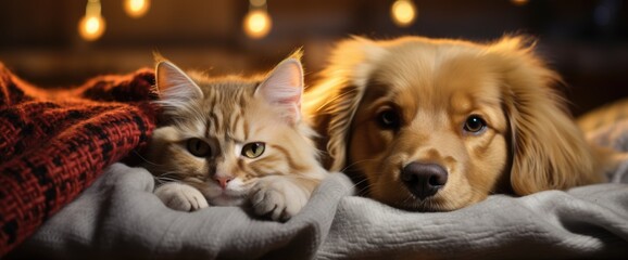 Cat and dog laying together on bed