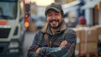 Fototapeta premium Man standing in front of truck on city street