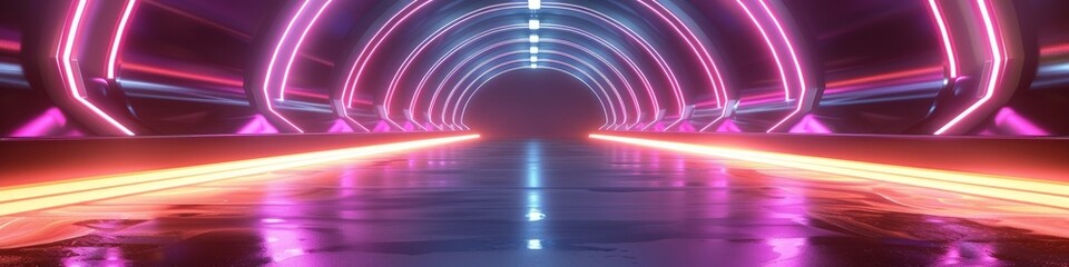 A tunnel illuminated by neon lights in the middle, creating a futuristic and abstract corridor background. Banner.
