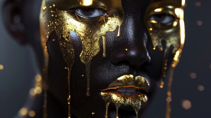 Close up of a persons face with gold paint