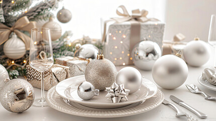 Beautiful table setting with Christmas balls and gifts