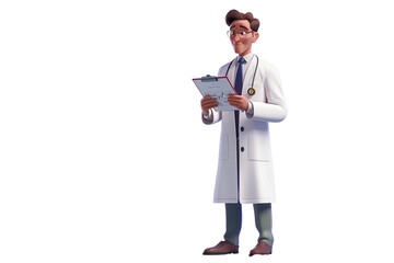 A 3D animated male doctor in a lab coat, holding a medical report, isolated on transparent background, png file,