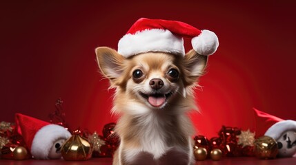 Small chihuahua dog wearing santa hat
