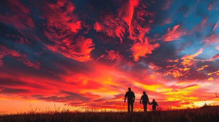 A family silhouette walking towards a vibrant sunset sky