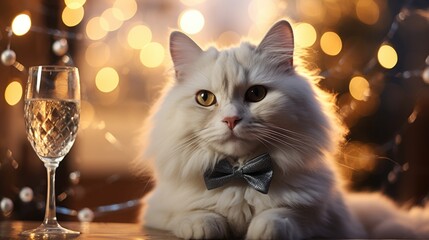 White cat wearing bow tie sitting on table
