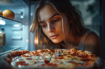 Young girl looking at pizza