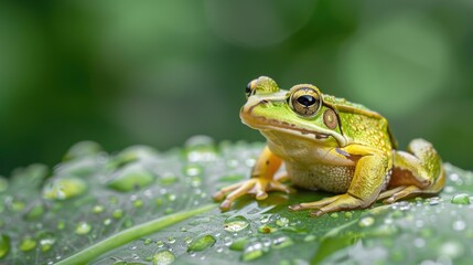 Obraz premium Frog sitting on top of a green leaf