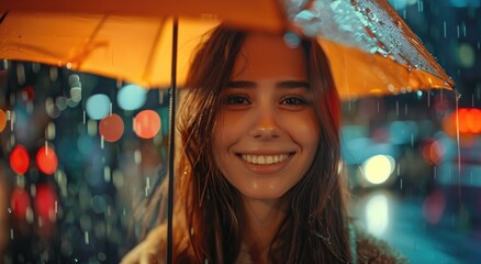 A cheerful smiling young beautiful girl stands in the evening in the rain under an umbrella, illuminated by the lights of a city street. The theme of a positive attitude towards life.