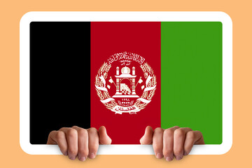 Hands holding a white frame with Afghanistan flag, protest or social issues in Afghanistan